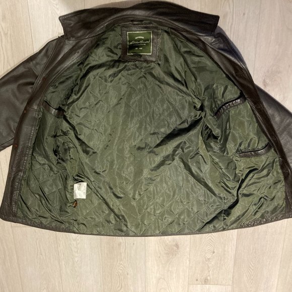 EDDIE BAUER MENS Medium Dark Brown Genuine LEATHER Button Down QuiltLined JACKET - Picture 4 of 15